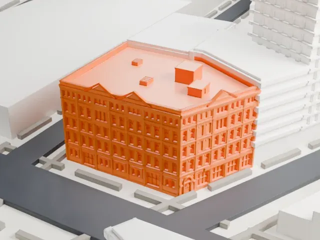 Mink Building model, West view
