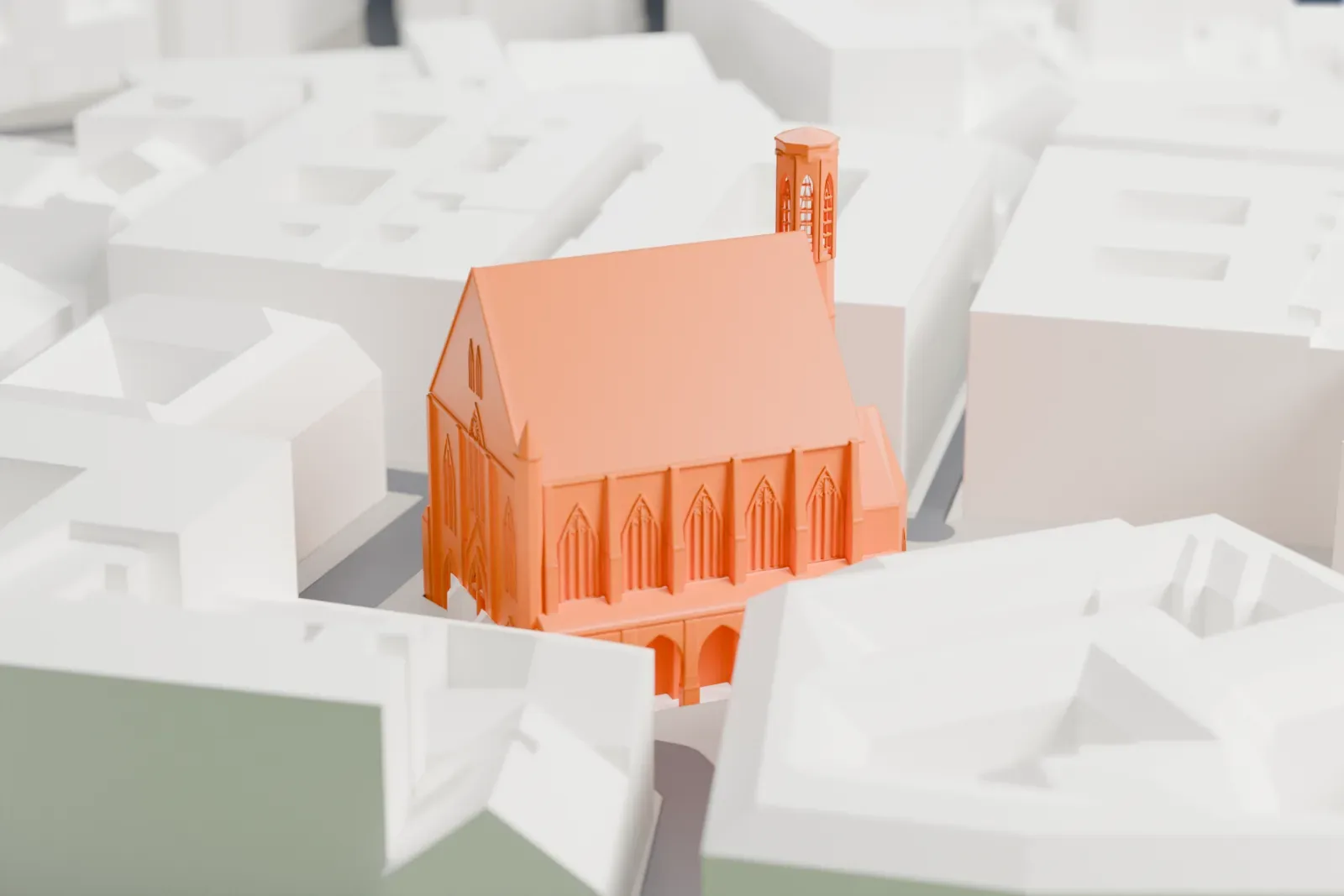 A white 3D print of the Minoritenkirche on Minoritenplatz in Vienna, with surrounding streets and buildings.