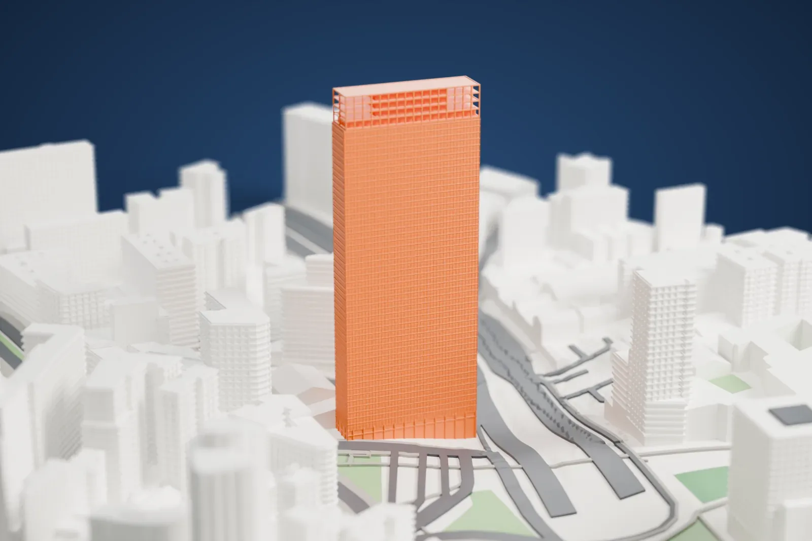 A white 3D print of Mirante do Vale, a tall tower among the surrounding streets and buildings of downtown São Paulo.