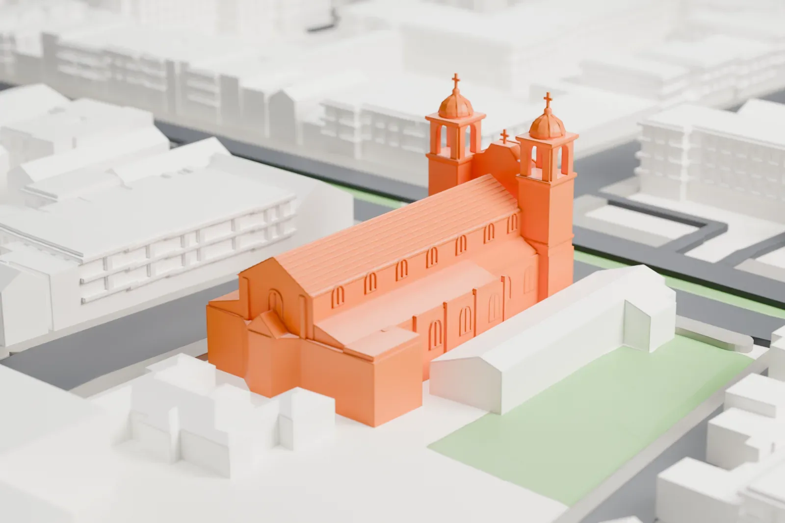 A white 3D print of Mission San Francisco de Asís in San Francisco, with the surrounding streets and buildings.