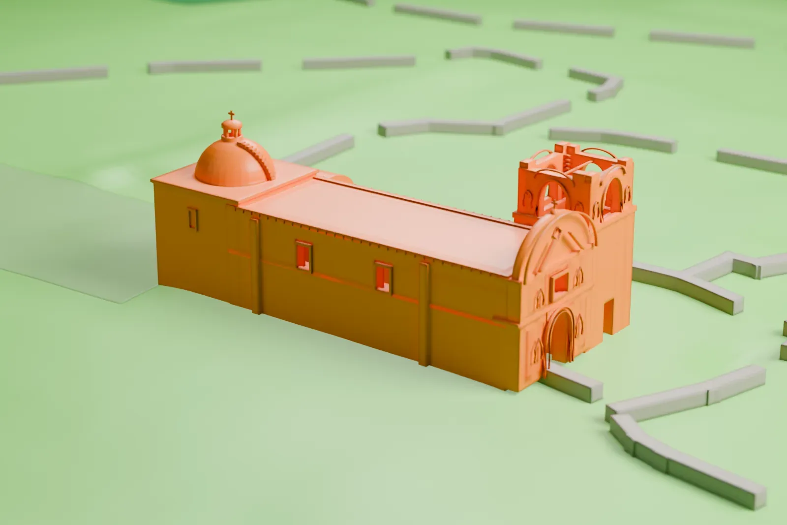A white 3D print of Mission San José de Tumacácori, a long church with a bell tower and two domes, on open green ground.