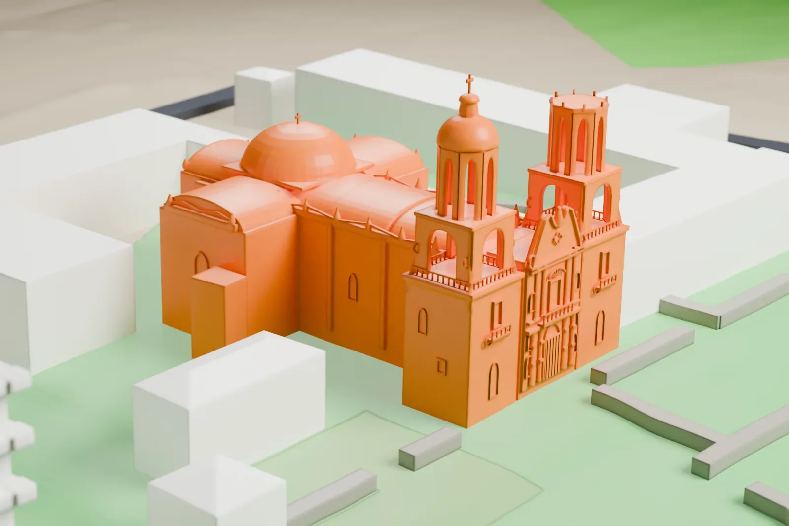 A white 3D print of Mission San Xavier del Bac, a church with a large central dome, two towers with open belfries and a richly carved entrance front, standing on open ground with a few low buildings around it.