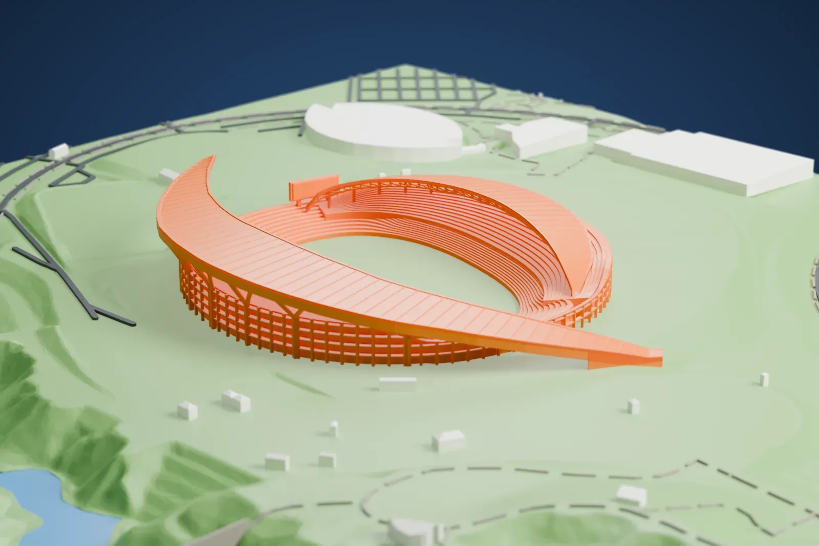 A white 3D print of Miyagi Stadium, two crescent roofs wrapping an oval bowl with a free tip above the stands at one end, among the surrounding streets and buildings.
