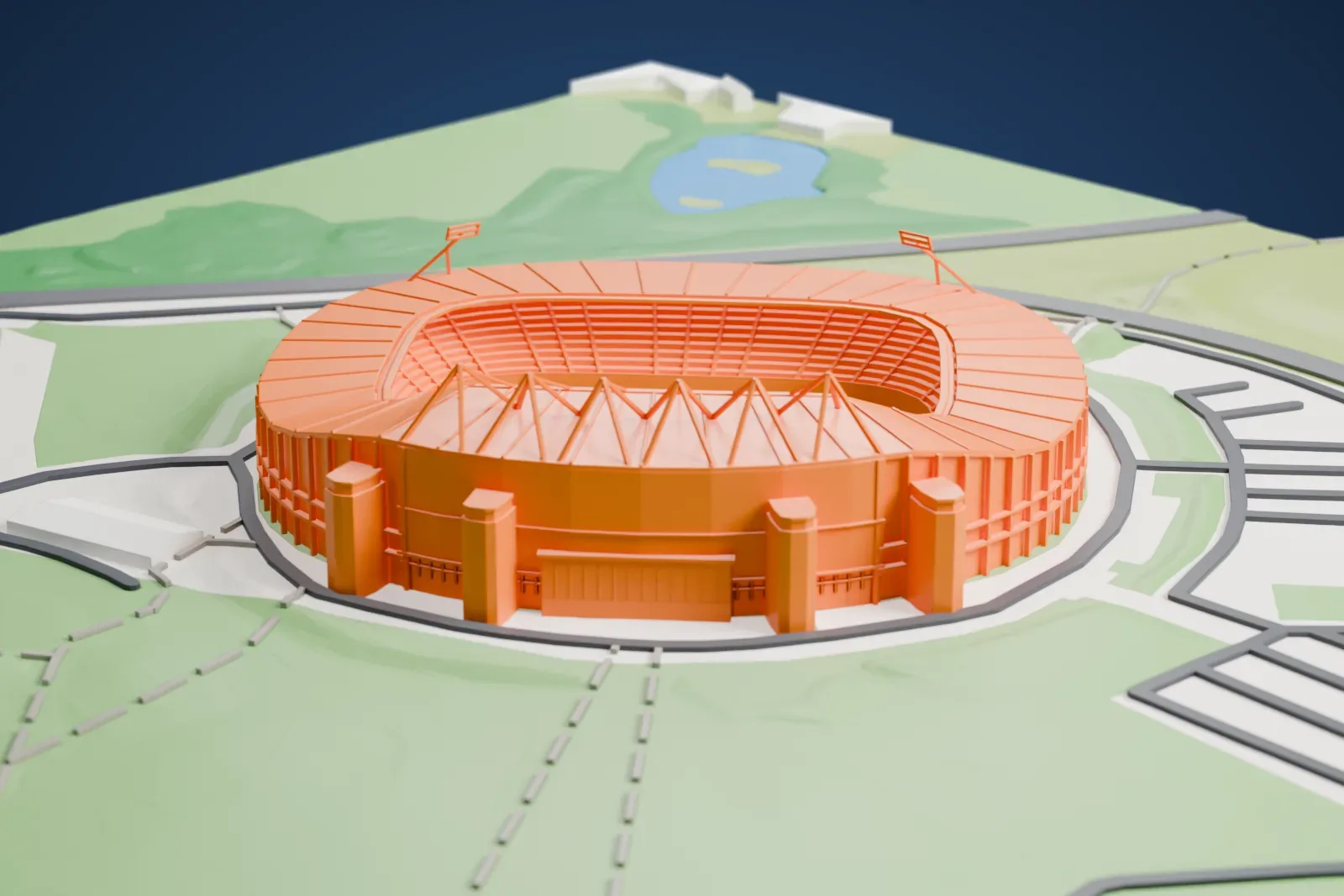 A white 3D print of MKM Stadium, a closed bowl under a continuous roof that rises to one long side, with six masts standing above it, among the surrounding streets and buildings.