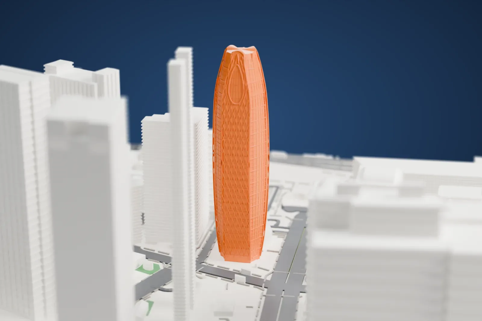 A white 3D print of the Mode Gakuen Cocoon Tower, a tall oval tower crossed by diagonal lines, rising among other high-rise buildings and streets.