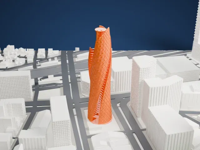 Mode Gakuen Spiral Towers model, East view