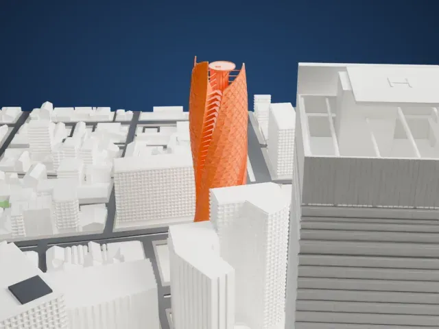 Mode Gakuen Spiral Towers model, North view