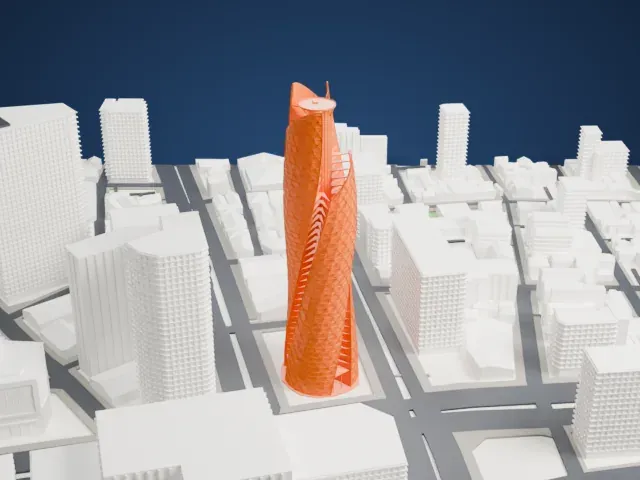 Mode Gakuen Spiral Towers model, West view