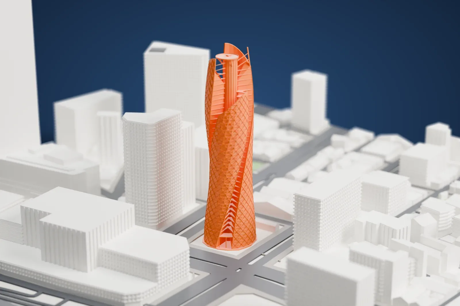 A white 3D print of Mode Gakuen Spiral Towers, a tall tower with a twisting diagonal lattice skin and an open top, among dense surrounding buildings and roads.