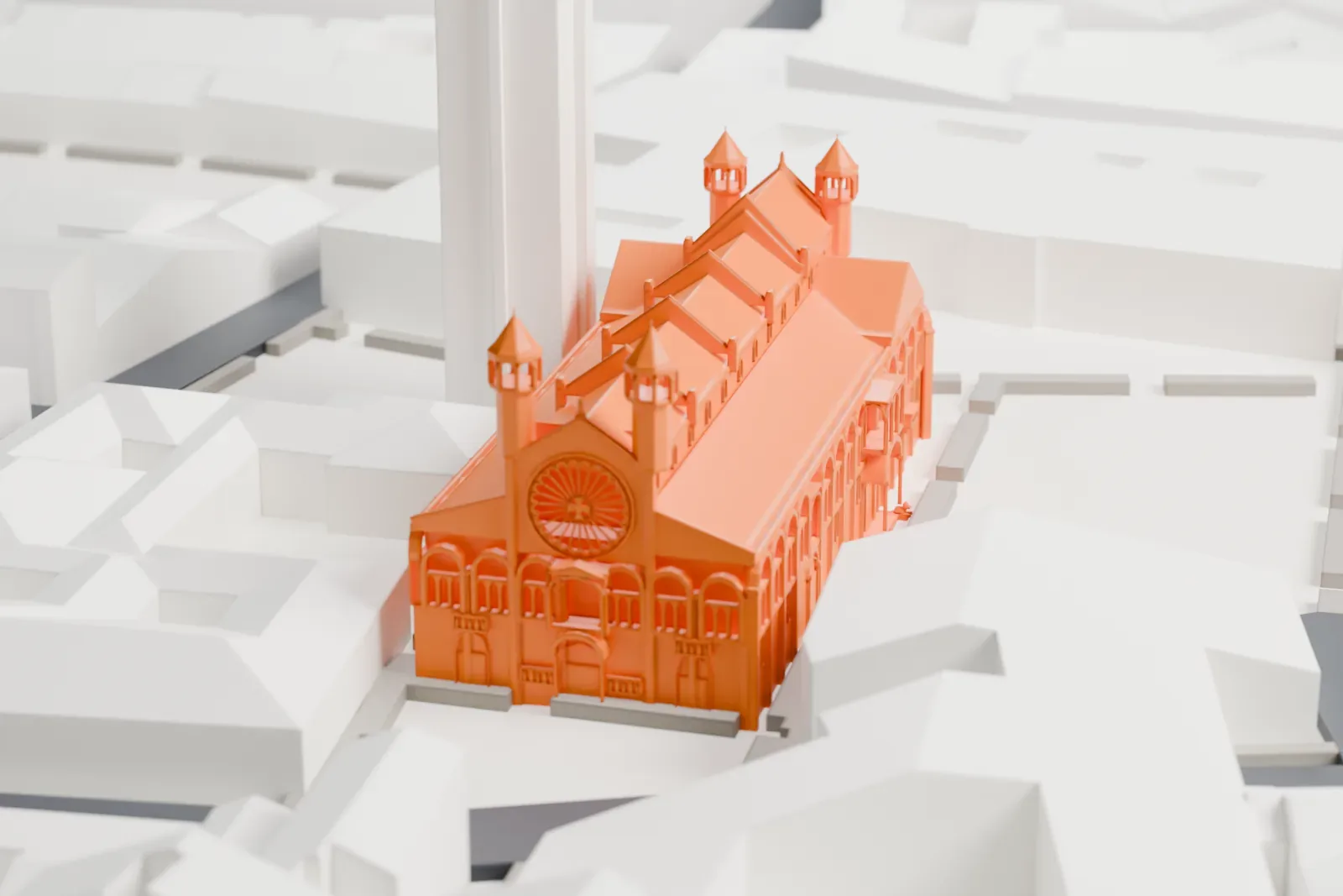 A white 3D print of Modena Cathedral, a long church with arched walls, a round window, small pointed turrets and a rounded apse, standing among closely packed town buildings beside a tall tower.