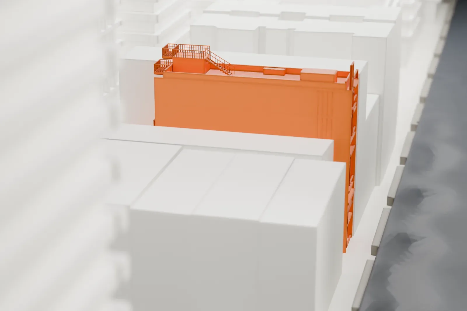 A white 3D print of the Modulightor Building, a narrow stacked building with a rooftop deck, standing between taller neighboring buildings.