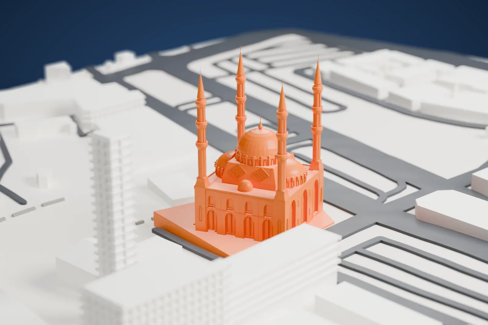 A white 3D print of the Mohammad Al-Amin Mosque, a large central dome with smaller domes and four tall minarets on a square base, among city streets and blocky buildings.