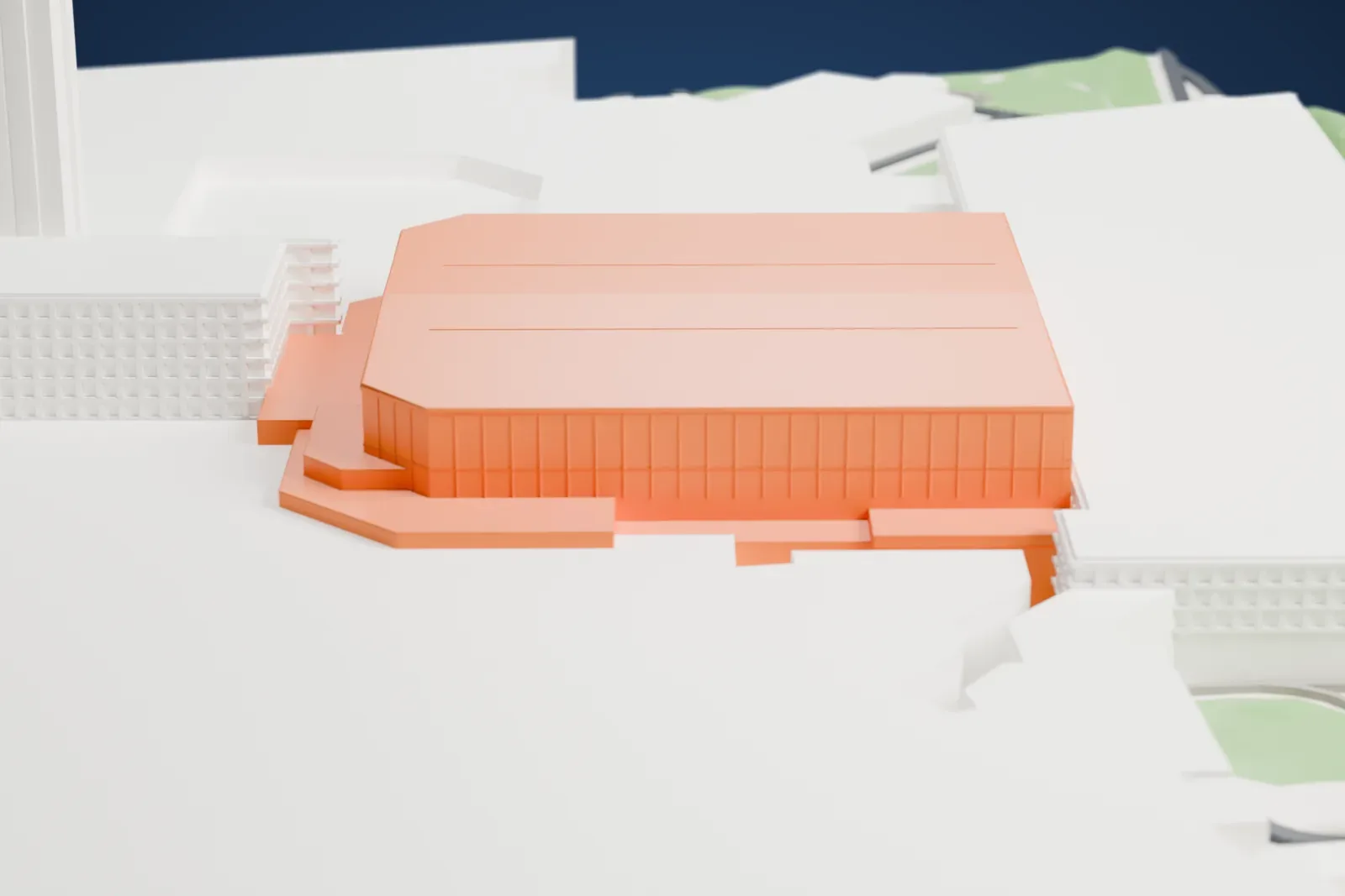 A white 3D print of Mohegan Sun Arena, its broad roof rising among the lower buildings of the Mohegan Sun casino resort.