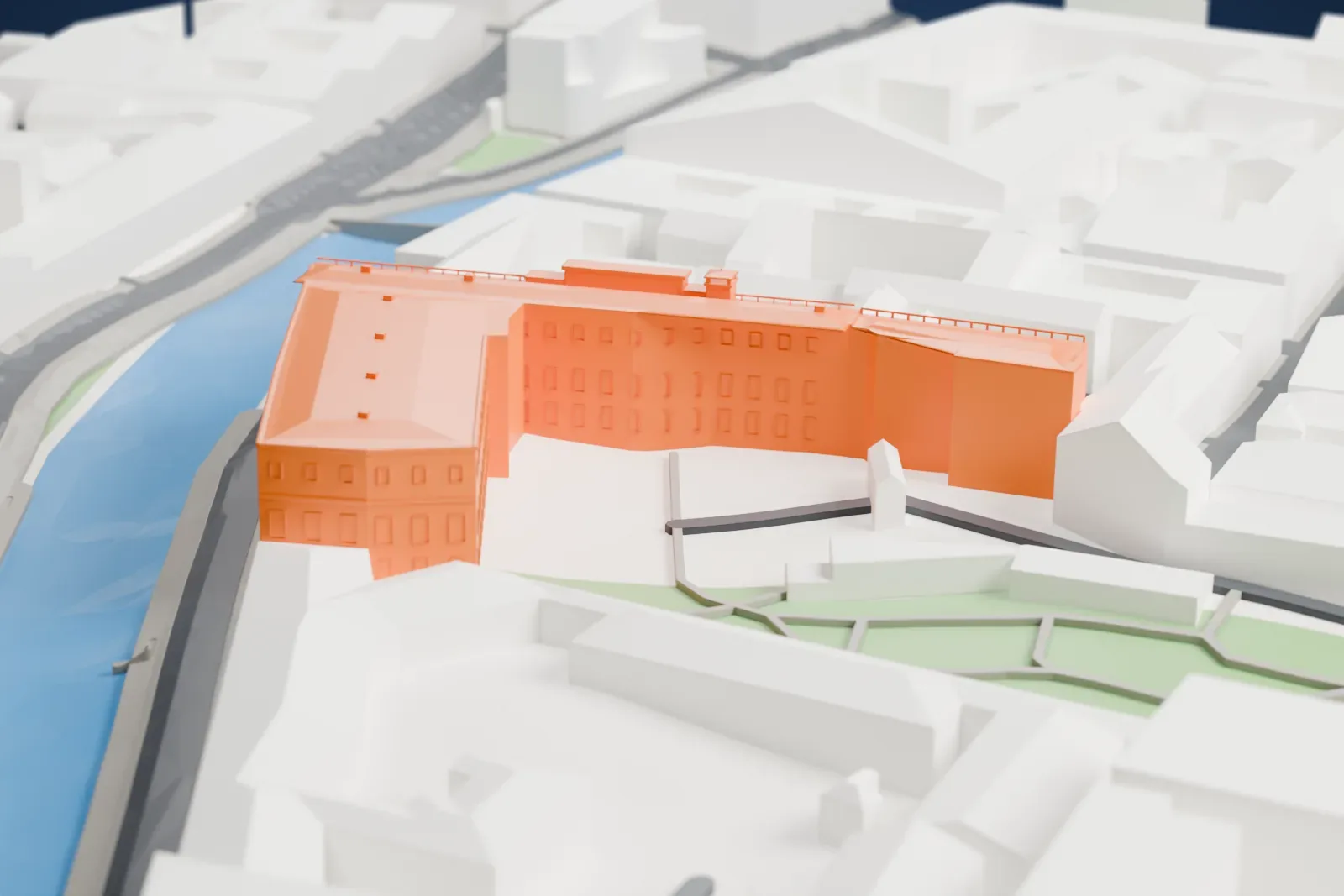 A white 3D print of the Moika Palace, a low palace, set among the surrounding street blocks.