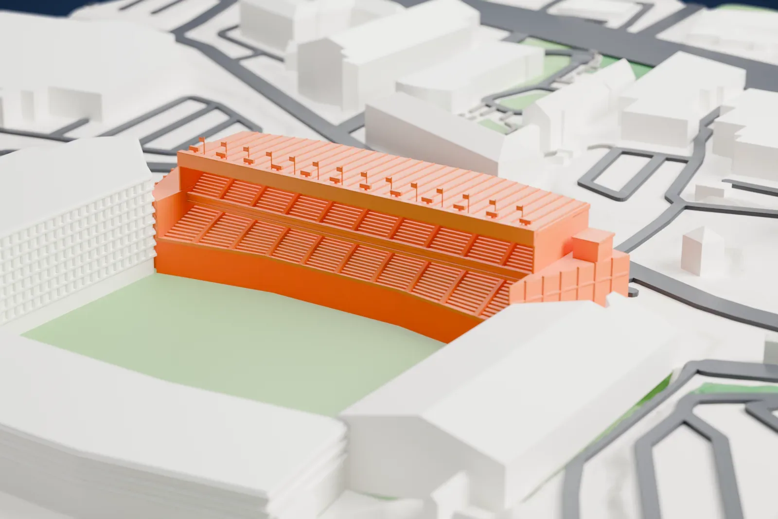 A white 3D print of the two-tier Steve Bull Stand at Molineux Stadium, its straight roof edged with flags and lamp banks, among the surrounding streets and buildings.