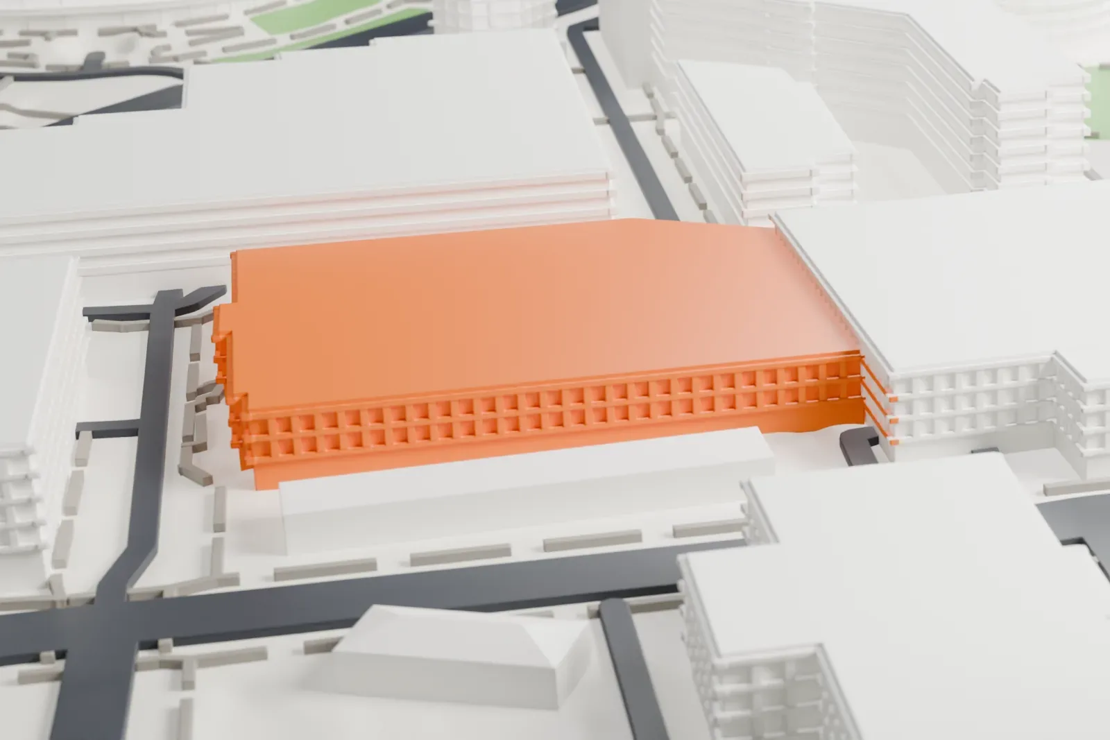 A white 3D print of the Mona Plummer Aquatic Center, a low pool complex with long grandstands and a diving tower, between large campus buildings.