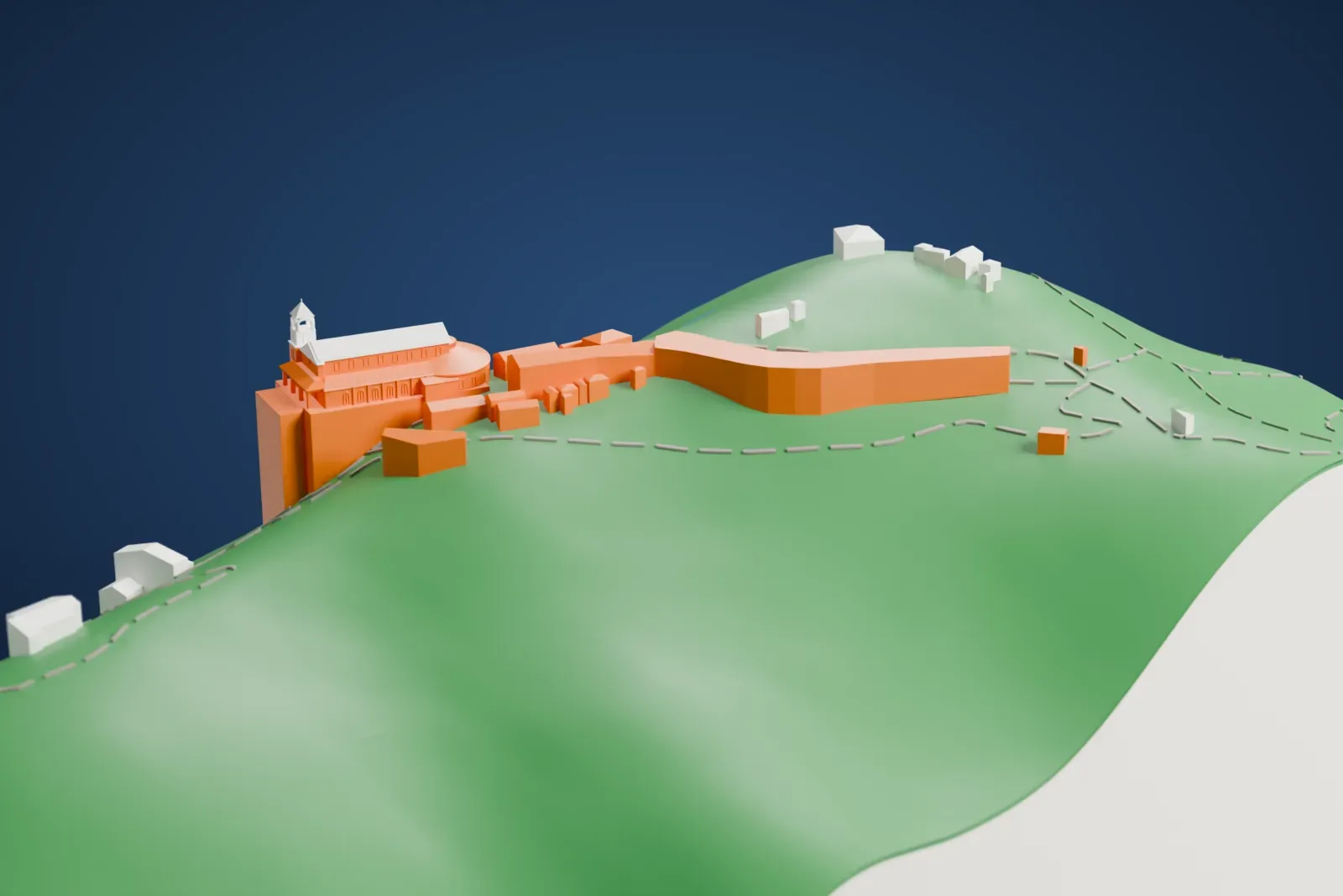 A white 3D print of the church on Monserrate, a long roofed building with a small bell tower, perched on a steep green hillside with paths and a few buildings nearby.