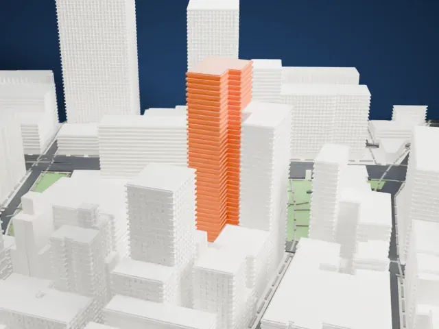 Montague–Court Building model, West view