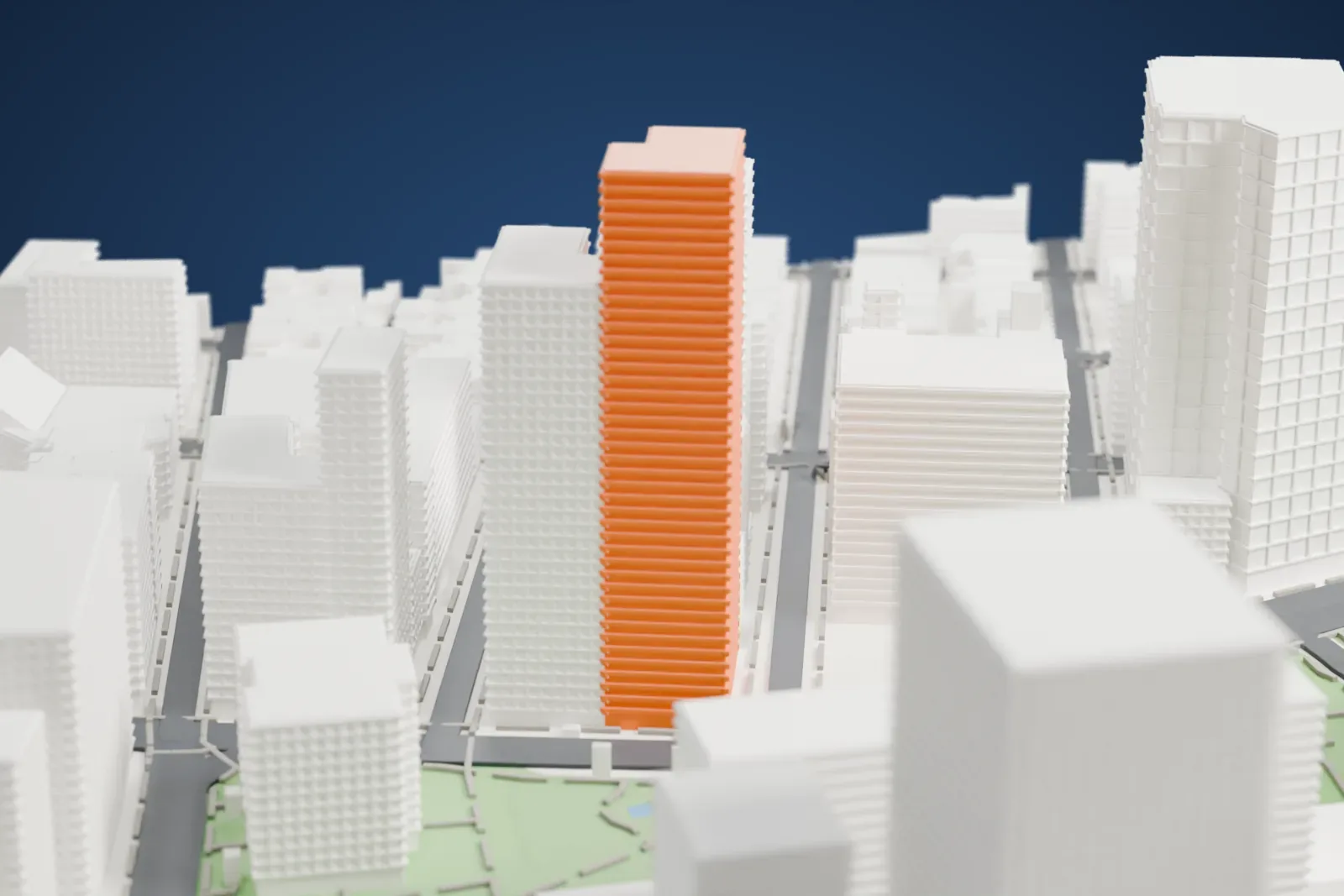 A white 3D print of the Montague–Court Building, a tall stepped tower with a small tiered top, standing beside a green park among Brooklyn buildings.