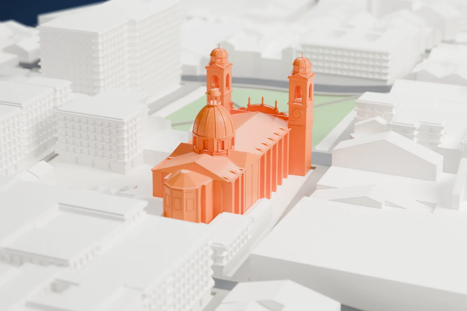 A white 3D print of the Montevideo Metropolitan Cathedral, surrounded by streets and buildings.