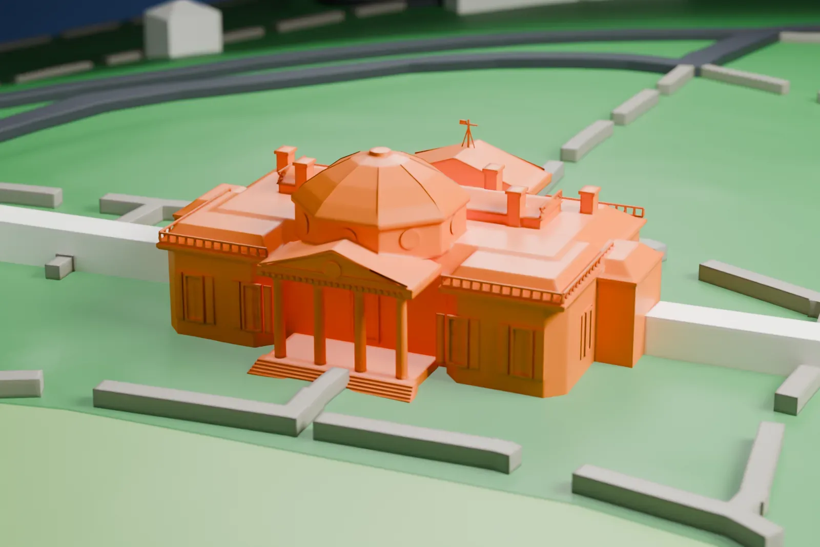 A white 3D print of Monticello, a house with a central octagonal dome and columned porticos, set on green grounds crossed by gray paths.