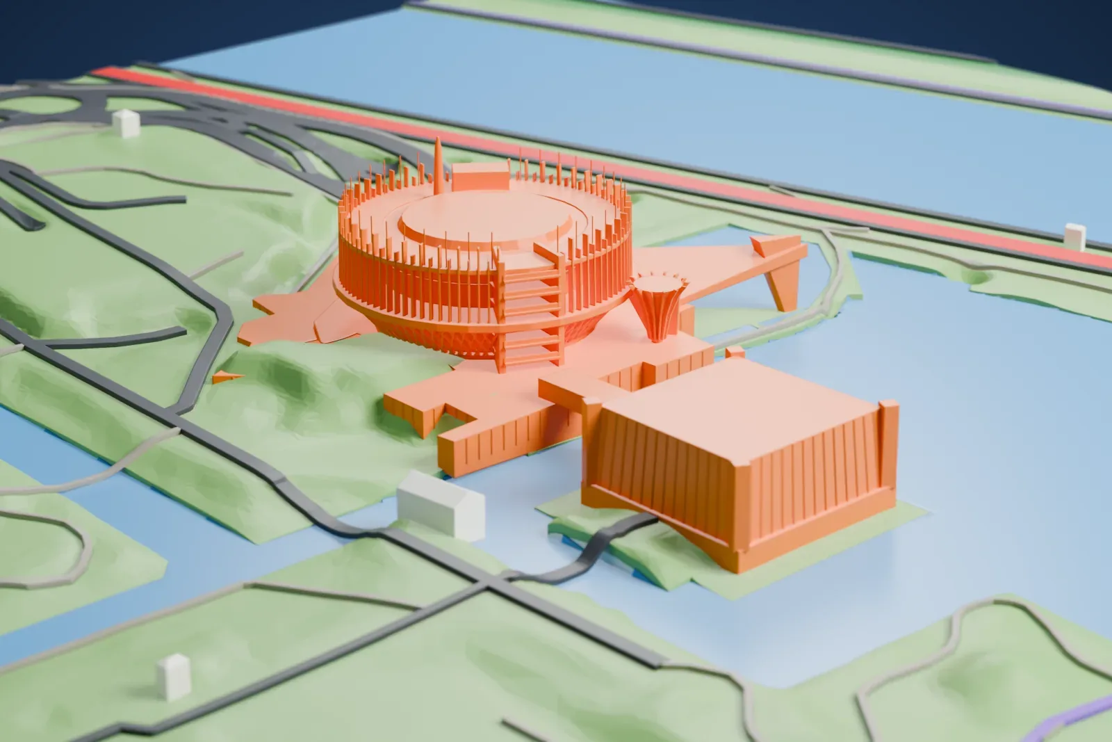 A white 3D print of the Montreal Casino among the surrounding streets and buildings.