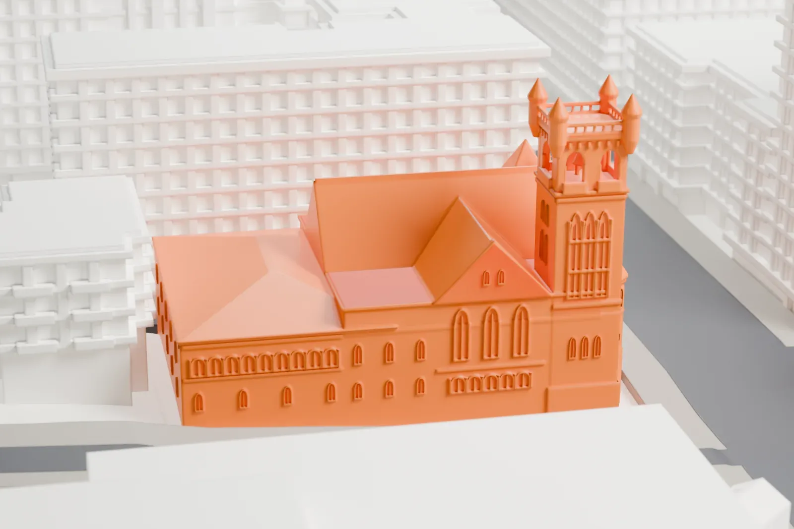 A white 3D print of the Montreal Museum of Fine Arts, an art museum in Montreal, set among the surrounding streets and buildings.