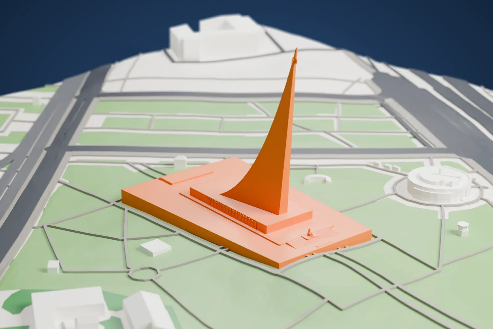 A white 3D print of the Monument to the Conquerors of Space, a tall obelisk with a rocket at its tip, with the surrounding city around it.