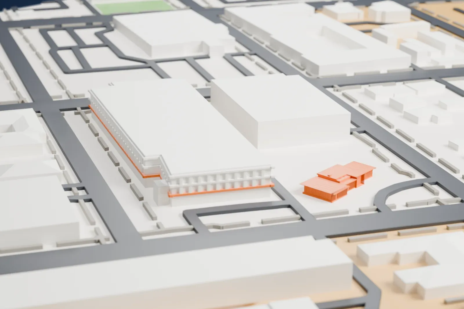 A white 3D print of Morelli House, a low house with wide overhanging roofs and lattice walls, set among open lots and streets with a taller building beside it.