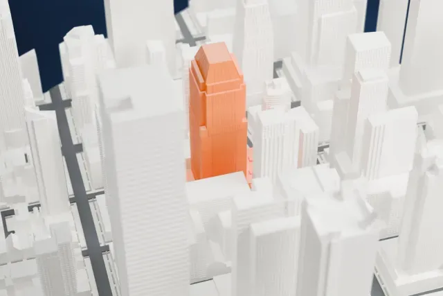 A white 3D print of the Morgan Stanley Building model in New York, with the streets around it.