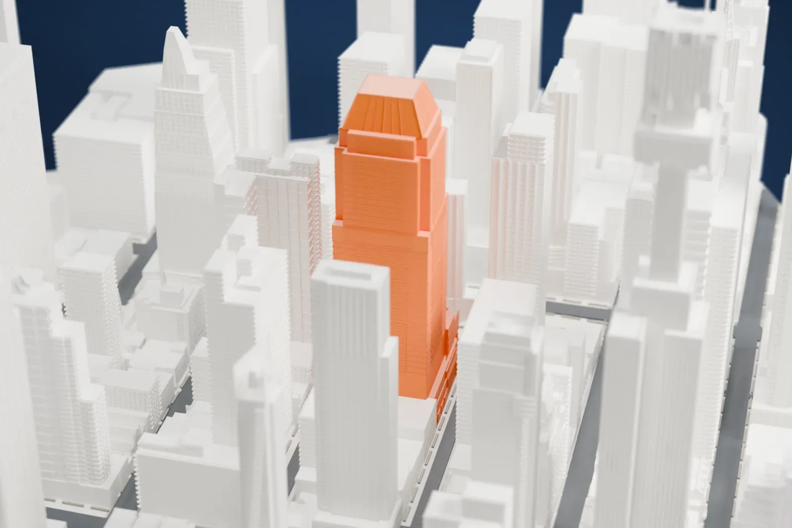 A white 3D print of the Morgan Stanley Building with its stepped crown and sloping roof among densely packed towers and streets.