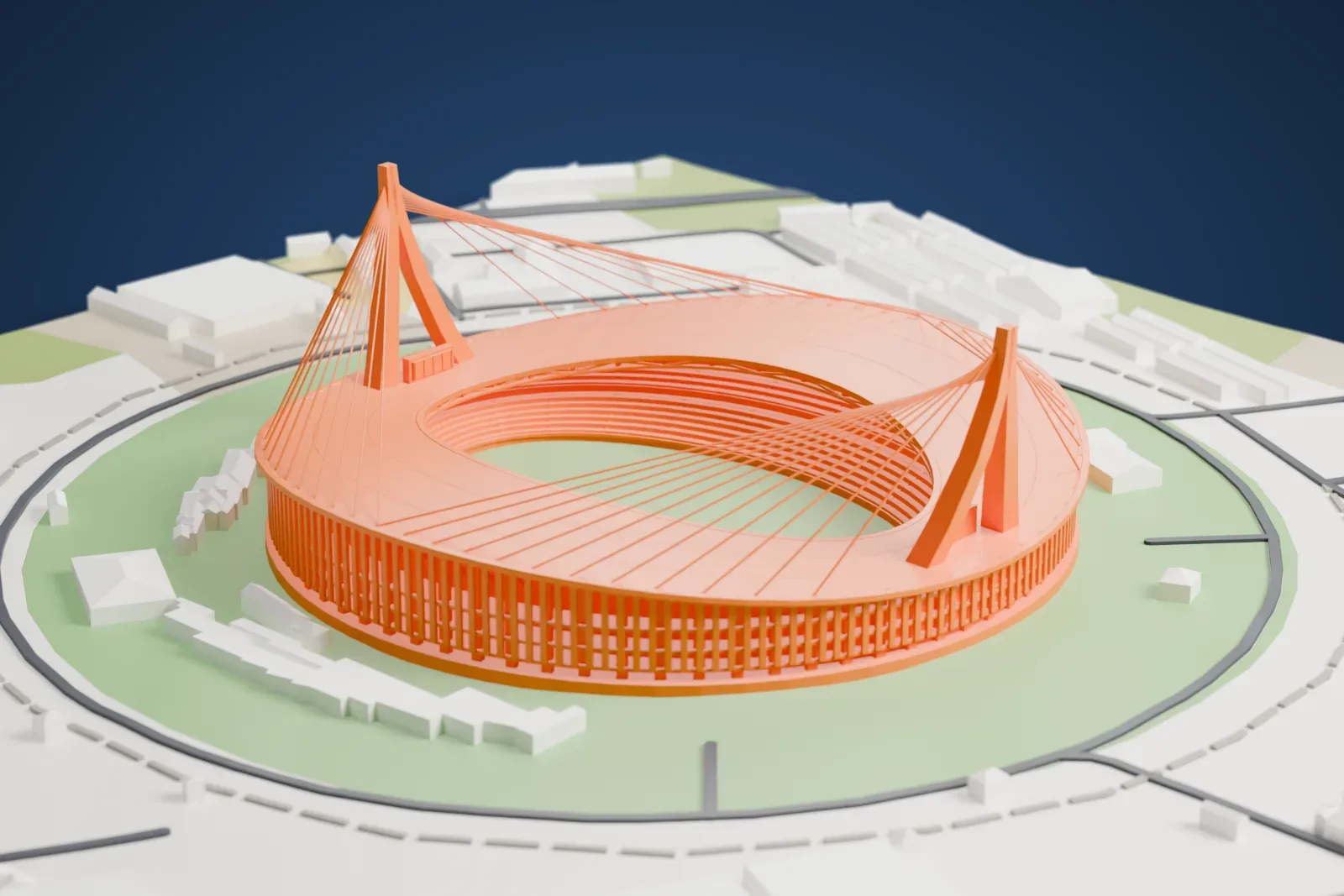 A white 3D print of the Morodok Techo National Stadium, a round stadium with two tall pylons and fanned cables, set in a green oval ringed by roads and low buildings.