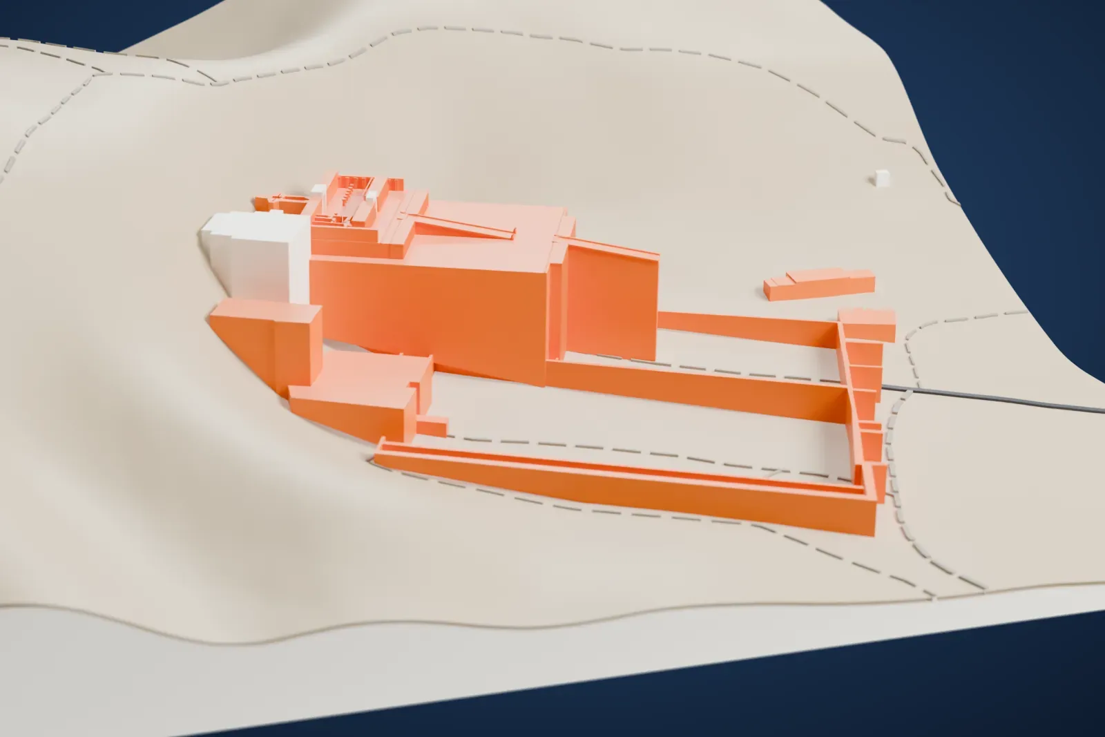 A white 3D print of the Mortuary Temple of Hatshepsut, a stepped terrace complex with ramps and rows of columns, set against tall cliff walls and desert slopes.