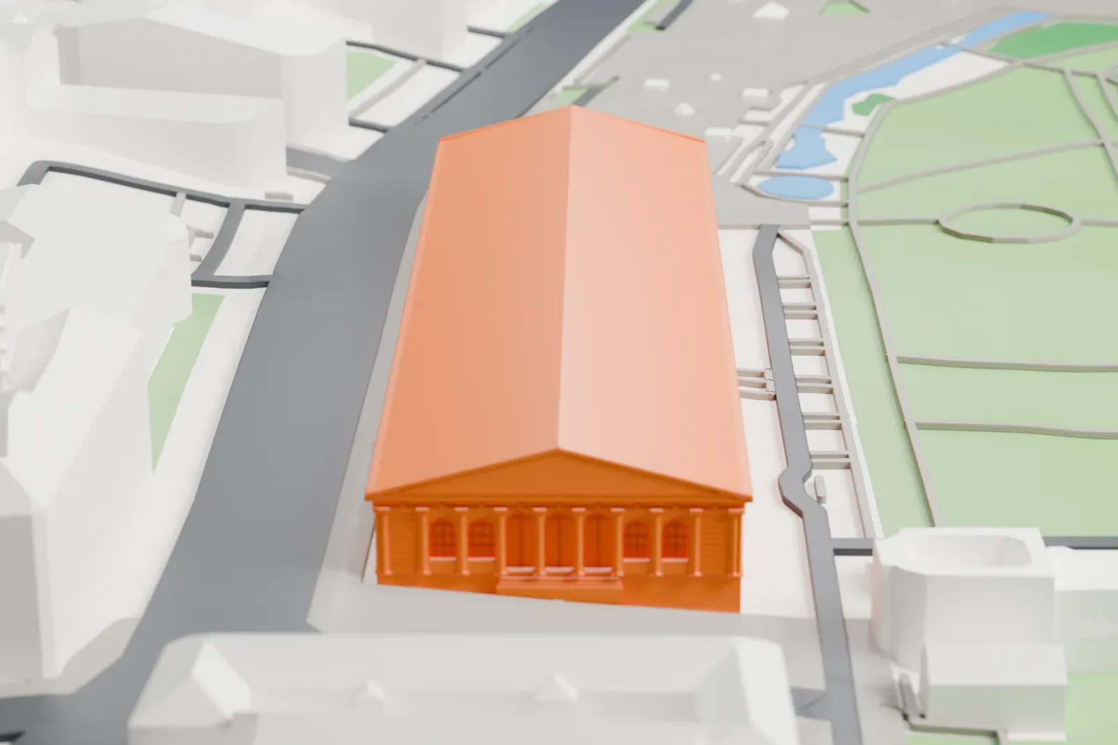 A white 3D print of the Moscow Manege with the surrounding streets and buildings.