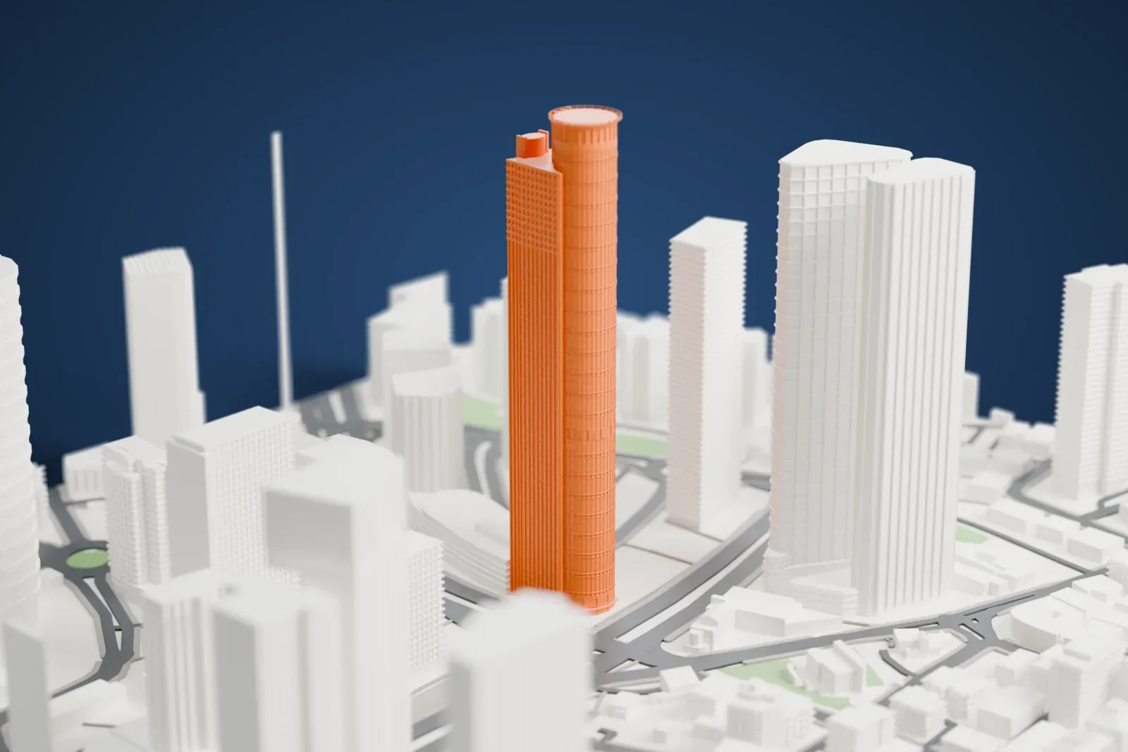 A white 3D print of the Moshe Aviv Tower, a tall slim tower with a round crown, rising above the surrounding streets and buildings.