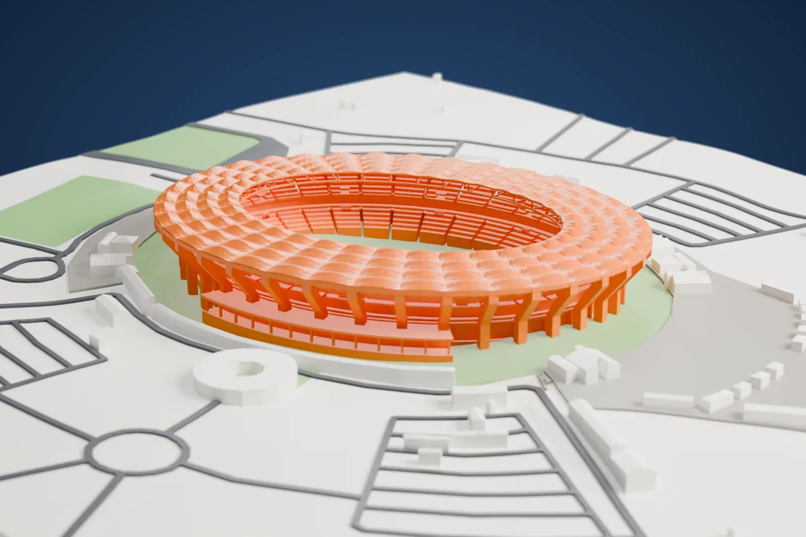 A white 3D print of Moshood Abiola National Stadium, an oval bowl with a ring roof and an open center, surrounded by the city of Abuja.