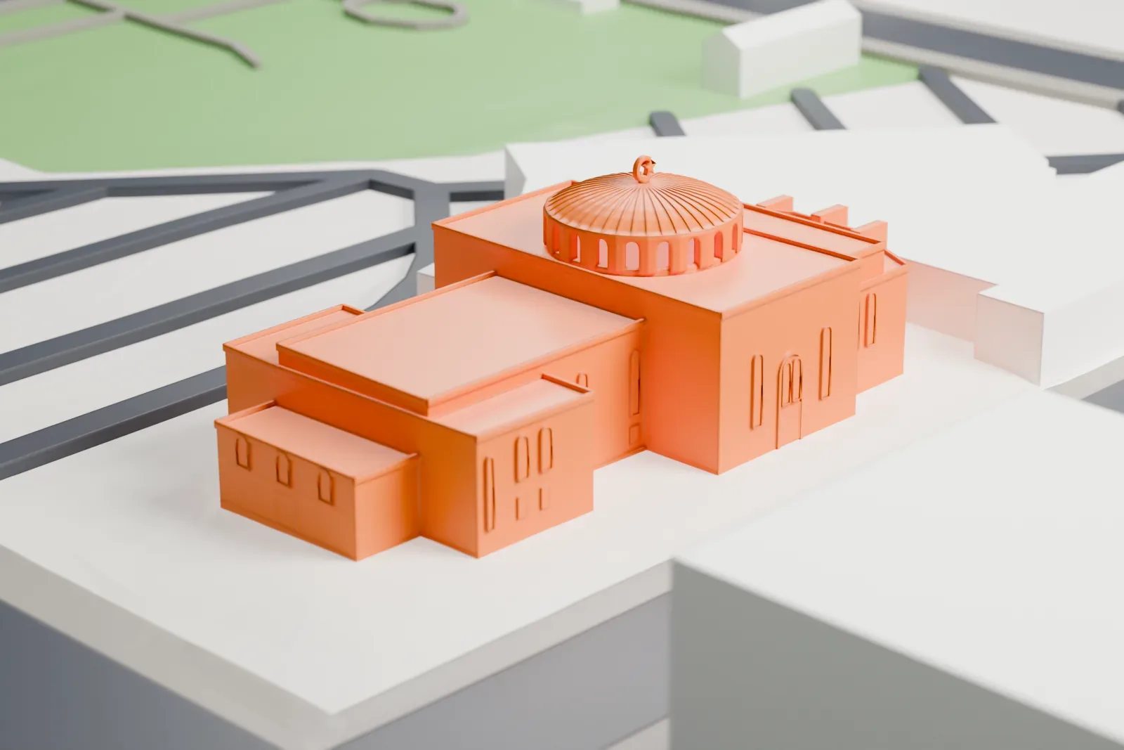 A white 3D print of Mosque Maryam, a low building on a city street, among the surrounding streets and buildings of Chicago's South Shore neighborhood.