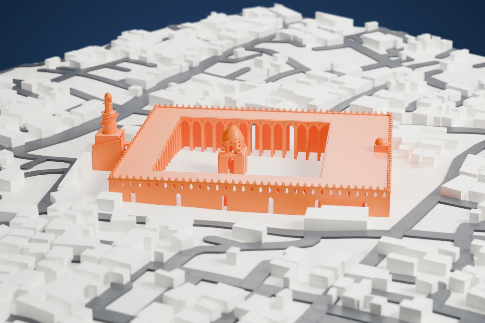 A white 3D print of the Mosque of Ibn Tulun with an arcaded courtyard, a central dome, a nearby spiral minaret, and surrounding buildings and streets.