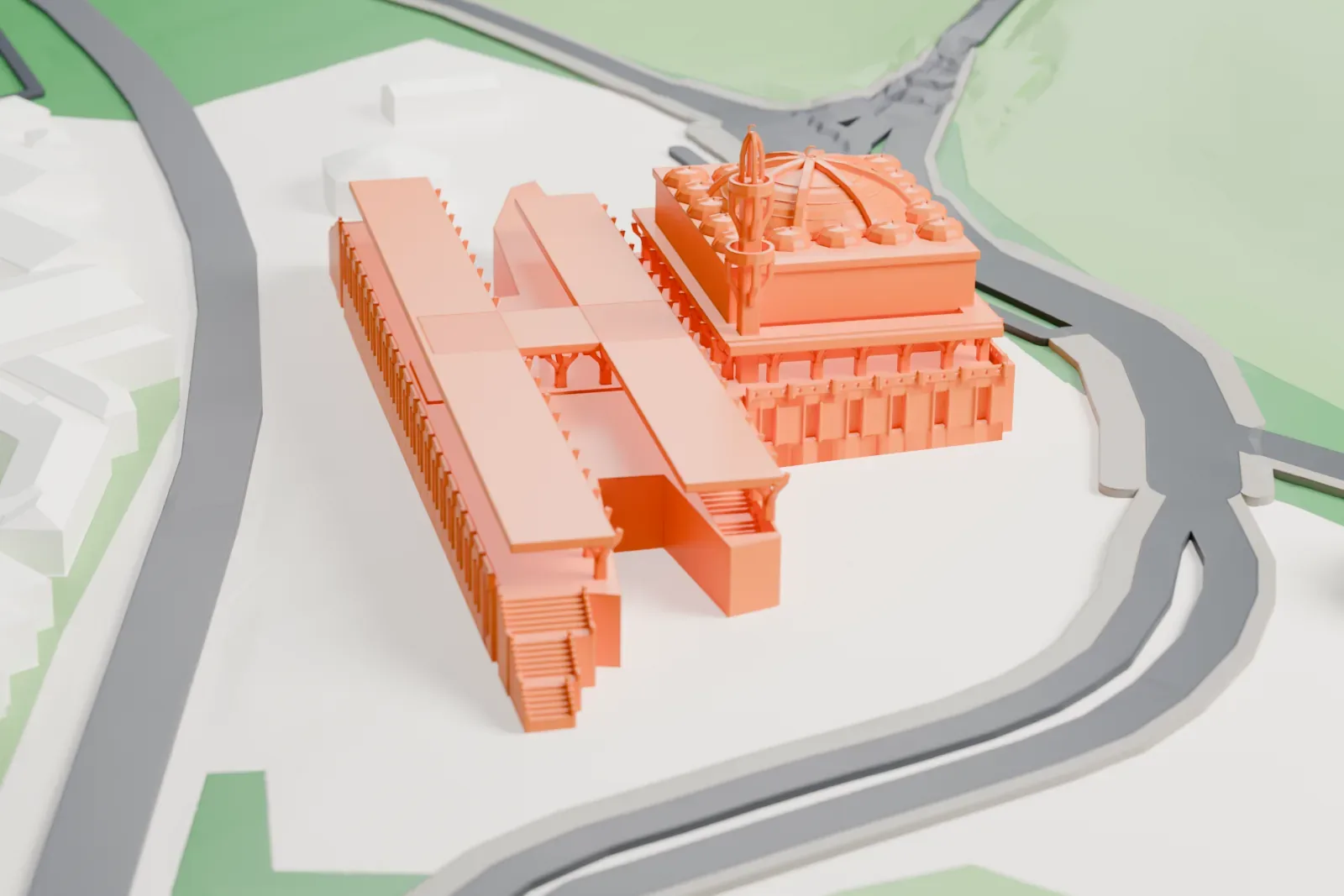 A white 3D print of the Mosque of Rome among the surrounding streets and buildings of Parioli.