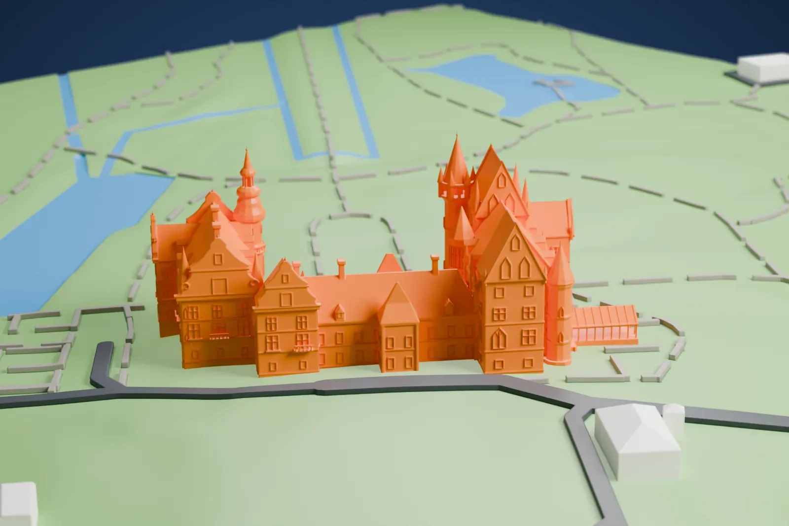 A white 3D print of Moszna Castle, a many-turreted castle with steep roofs, on green grounds with winding paths and a stream.