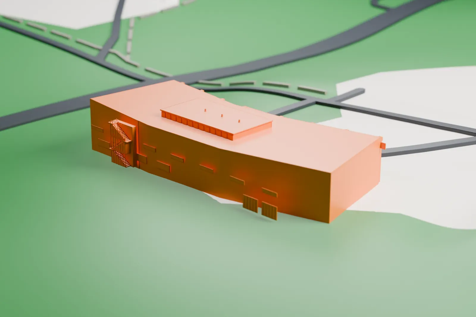 A white 3D print of the Honda Collection Hall, a low wide building with a bent plan, a flat roof and a curved entrance canopy on slim posts, set on open green grounds beside a road and a few small buildings.