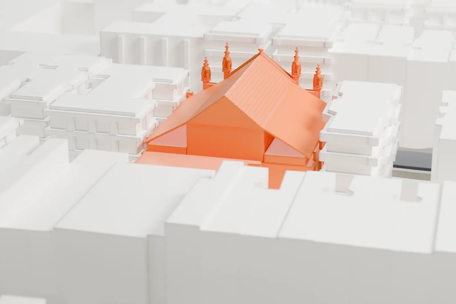 A white 3D print of Mother African Methodist Episcopal Zion Church, a gabled church with a Gothic front and slim pinnacles, packed in among taller buildings on a dense block.