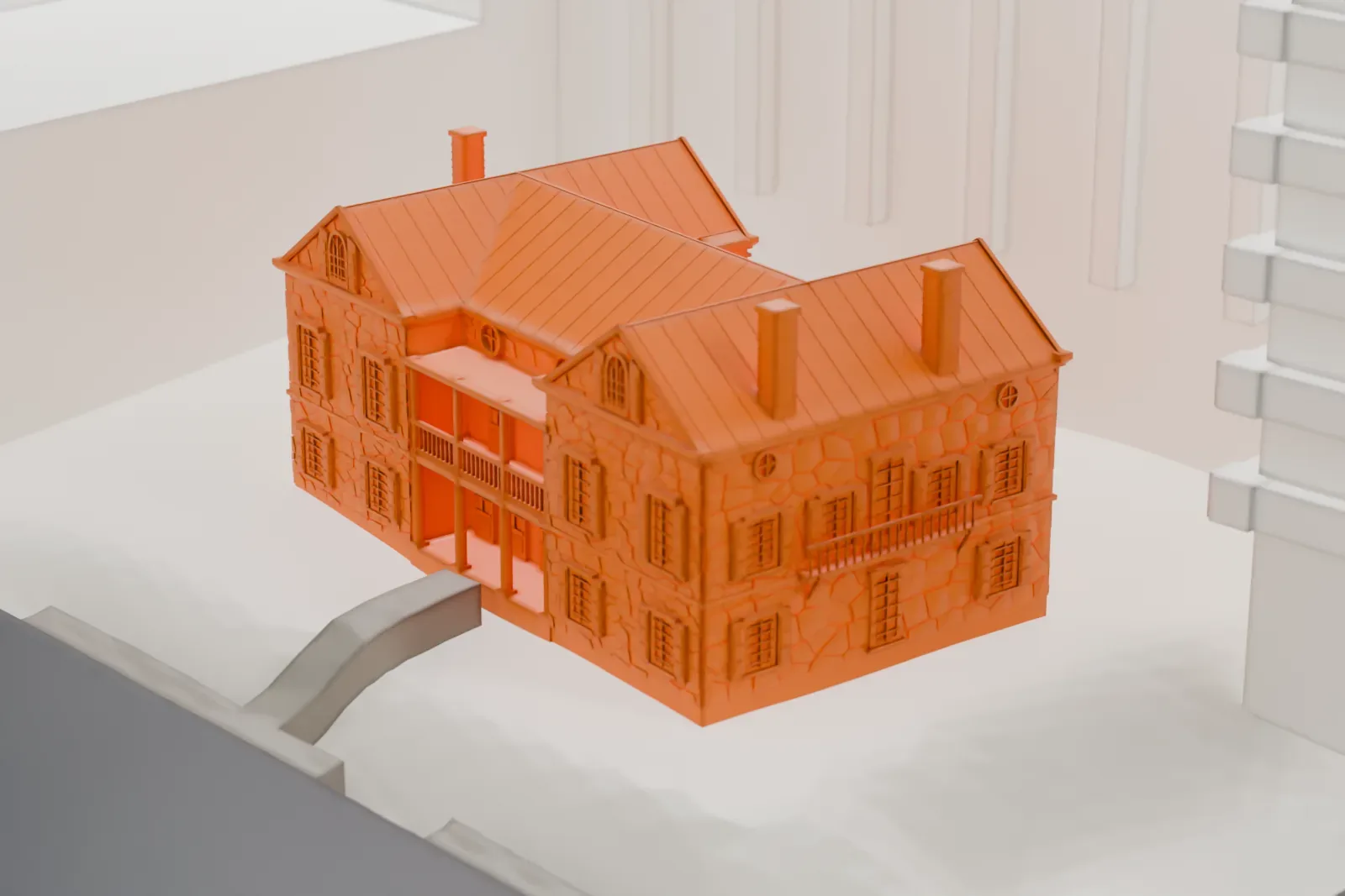 A white 3D print of the Mount Vernon Hotel Museum, a small low building tucked between much taller buildings.