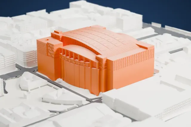 A white 3D print of the Movistar Arena Madrid model in Madrid, with the streets around it.