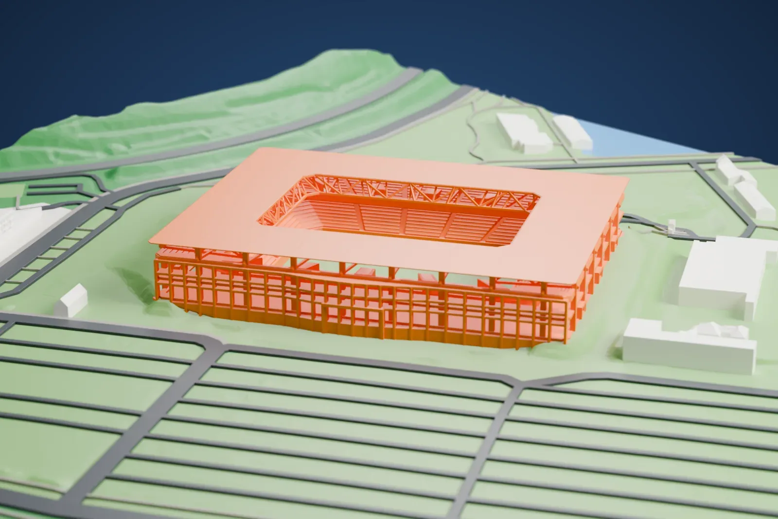 A white 3D print of the MSV-Arena, a football stadium in Duisburg, set among the surrounding streets and buildings.