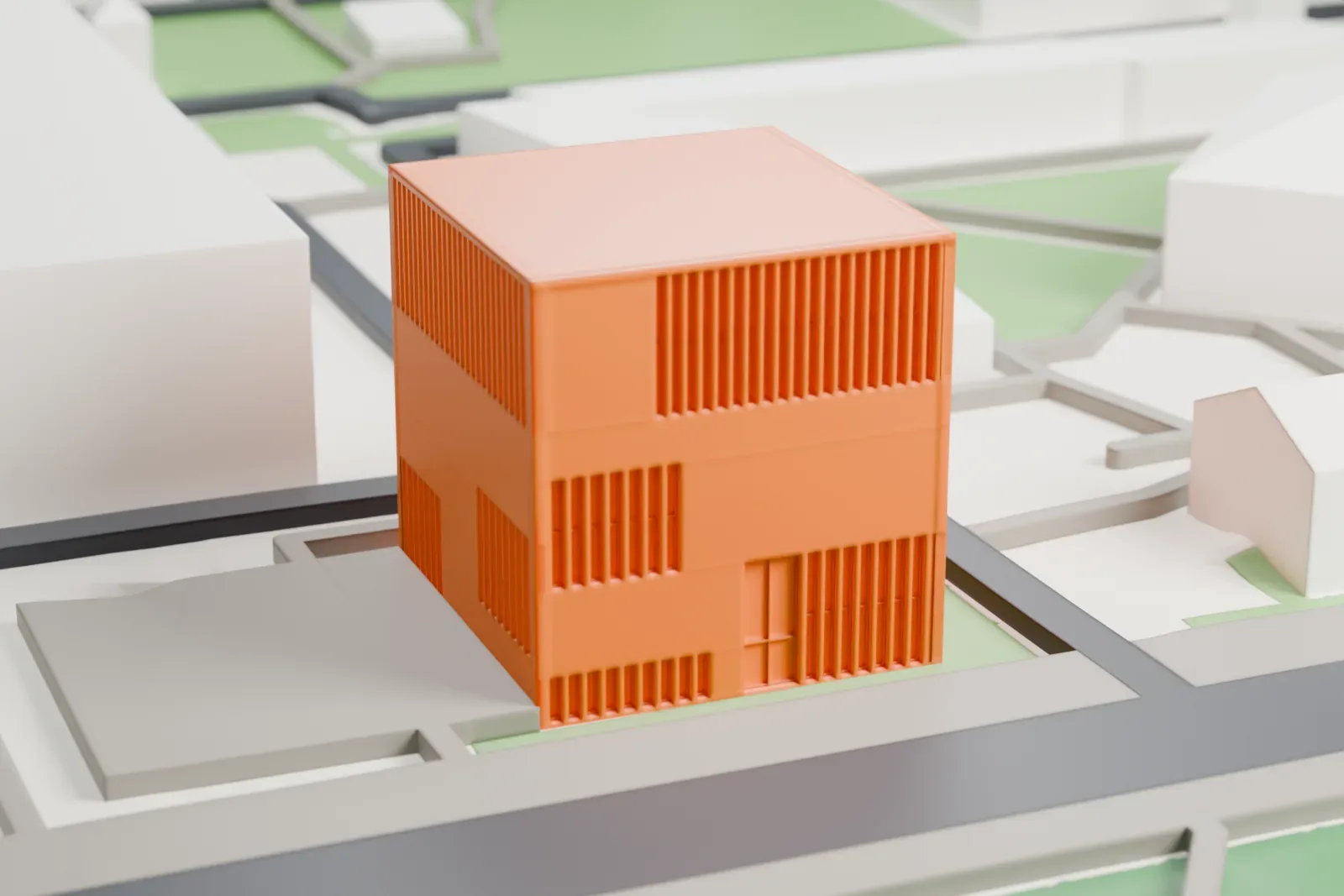 A white 3D print of the Munich Documentation Centre, a museum building among the surrounding streets and buildings.