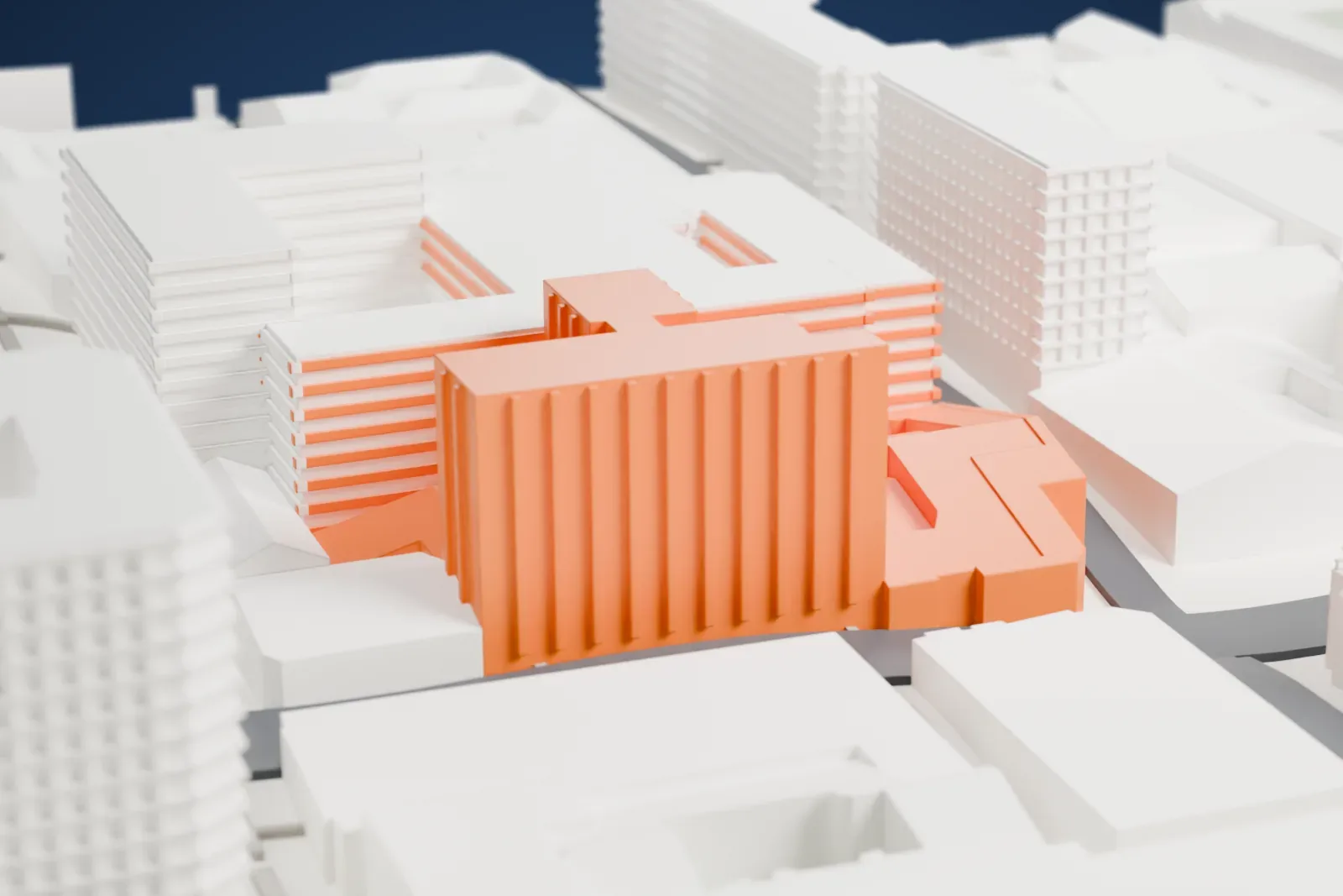 A white 3D print of the Municipal Theatre of Santiago, a wide building with a tall pitched central roof and a columned front, packed in among dense downtown blocks and narrow streets.