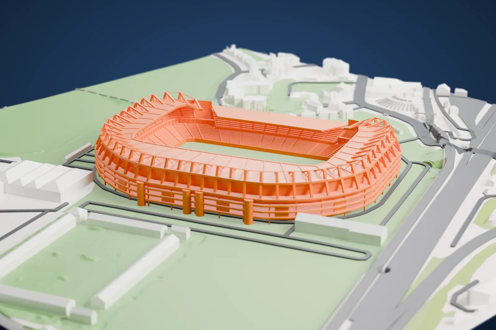 A white 3D print of Murrayfield Stadium, a horseshoe of stands under one roof with a lower stand closing one side and a crown of steel trusses above, among the surrounding streets and buildings.