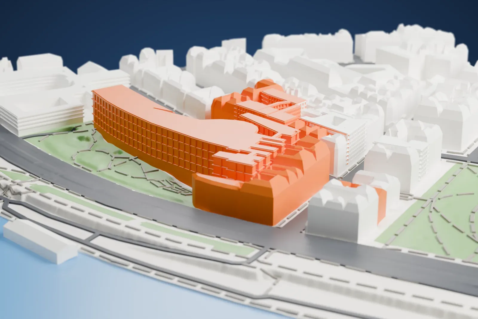 A white 3D print of the Musée du Quai Branly – Jacques Chirac, a long curved building raised on slim pillars above a garden, with a river beside it and Paris buildings behind.
