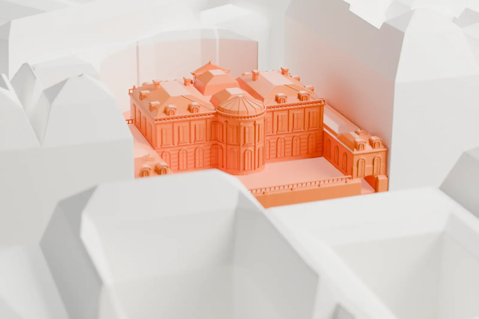 A white 3D print of the Musée Jacquemart-André among the surrounding streets and buildings of Paris.